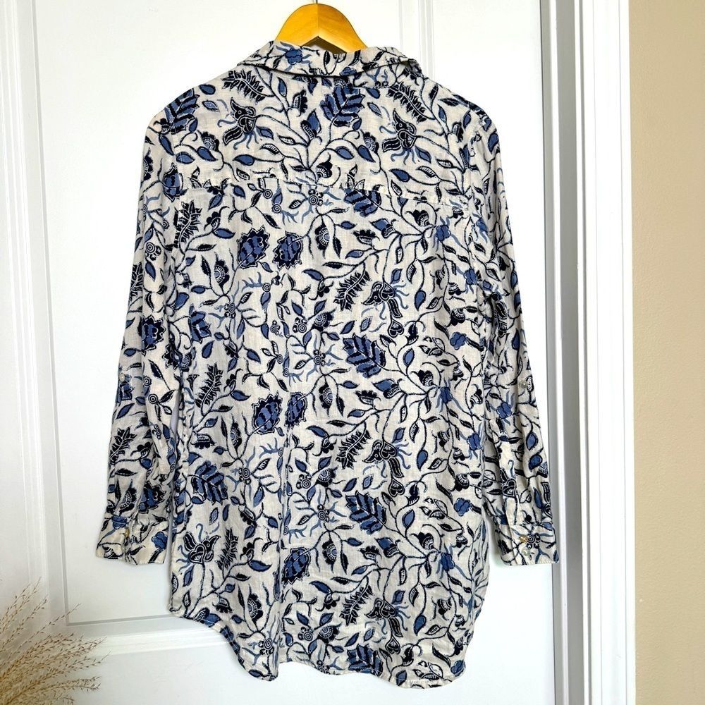 Linen Floral Shirt Coastal Chic Boho Resort Blouse Blue White Euro Summer Top - Picture 6 of 11